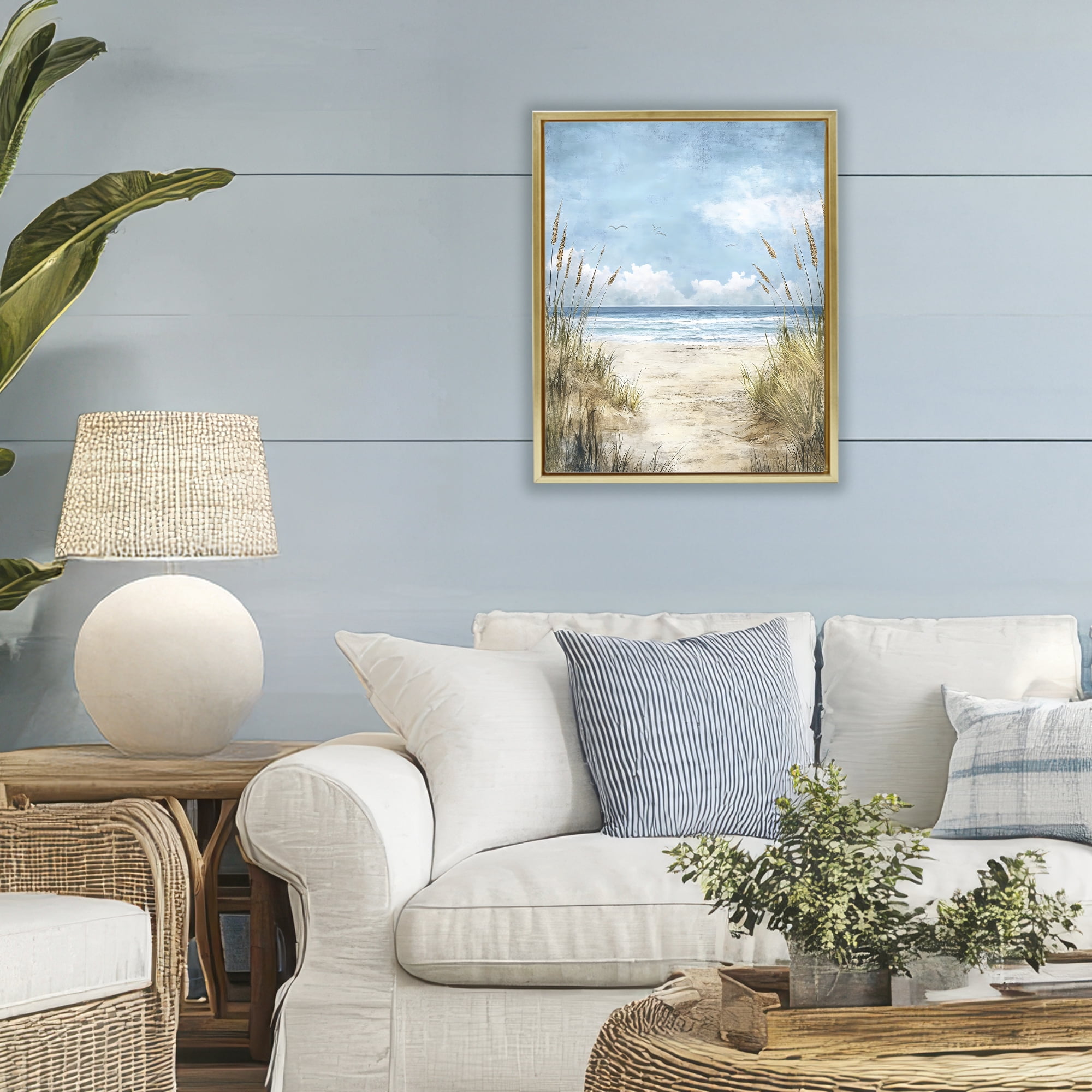 Stupell Industries Free Seagulls over Beach Dunes Gold Framed Floater Canvas Wall Art, design by Creative Studio