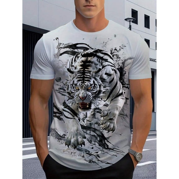 Men's 3D Premium White Tiger Print T-Shirt For Casual Wear, Durable High-Quality Fabric, Ideal For Restaurant Home, Lightweight And Comfortable Fit, Stylish Design For Everyday Use