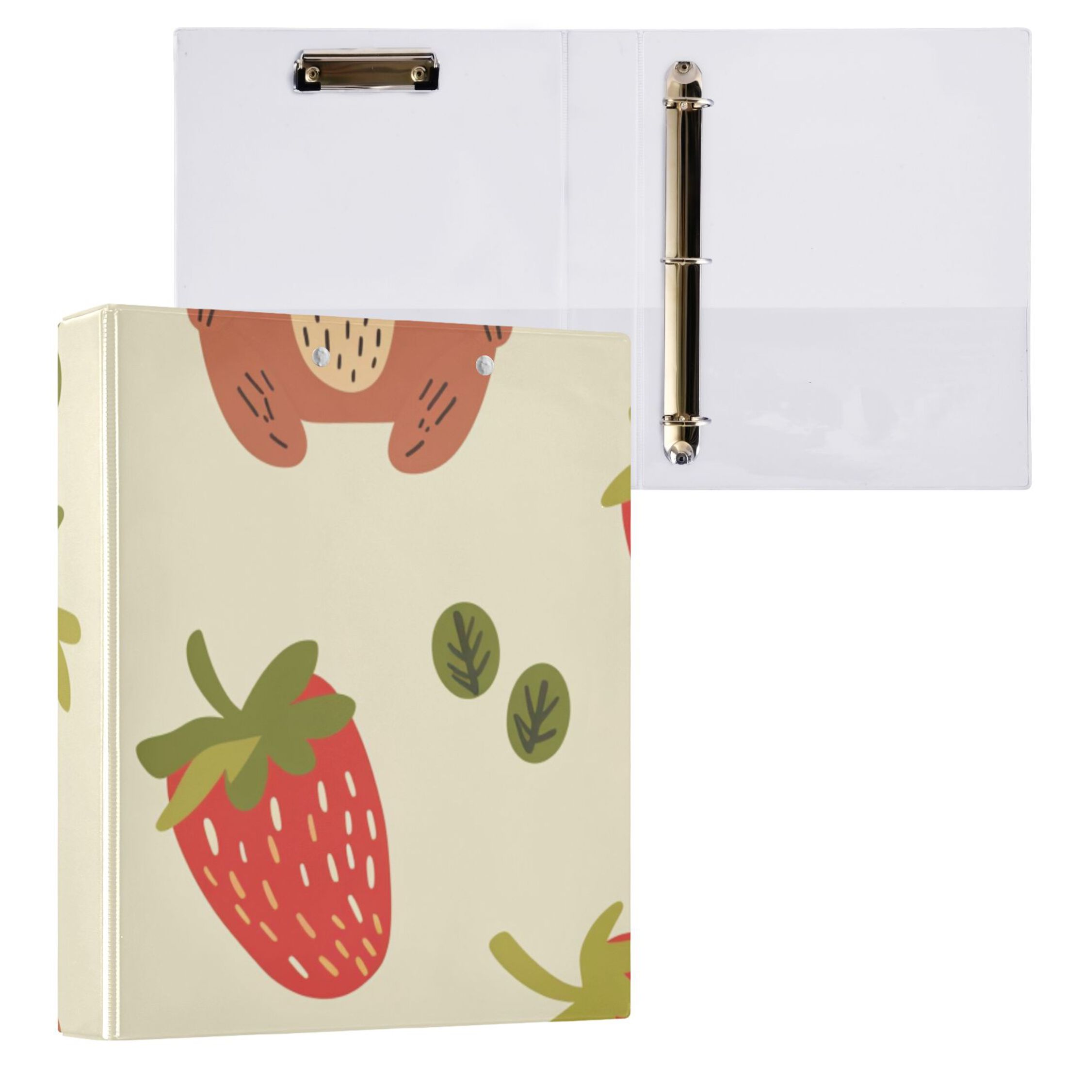 Bear and Strawberry 3 Ring Binders 1.5 inch Hardcover File Folders with Interior Pockets A4 Size Organizer for School Office Hospital