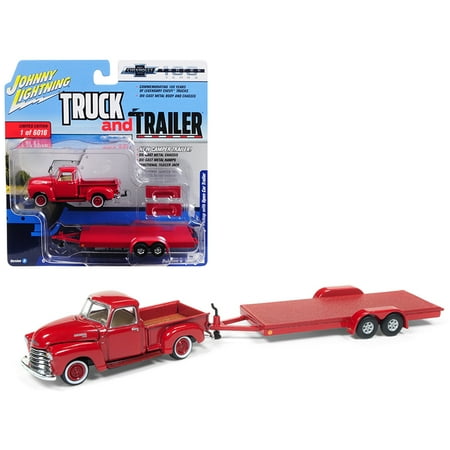 Red Diecast Model Car 1950 Chevrolet Pickup Truck Gloss Red w/ Open Car Trailer Ltd Ed 6016 pcs 1/64 Diecast Model Car by Johnny Lightning ()