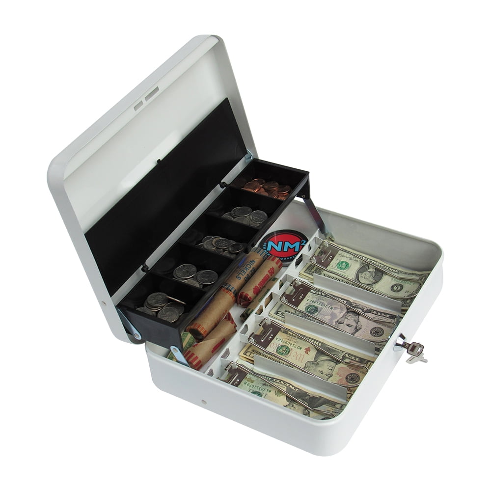 Flexzion Cash Box with Money Tray Portable Money Organizer Box with Handle Steel for Cashier Drawer Money Safe Security Wedding Store Home Fits Currency Coins Bills Checks Black and Key Lock 