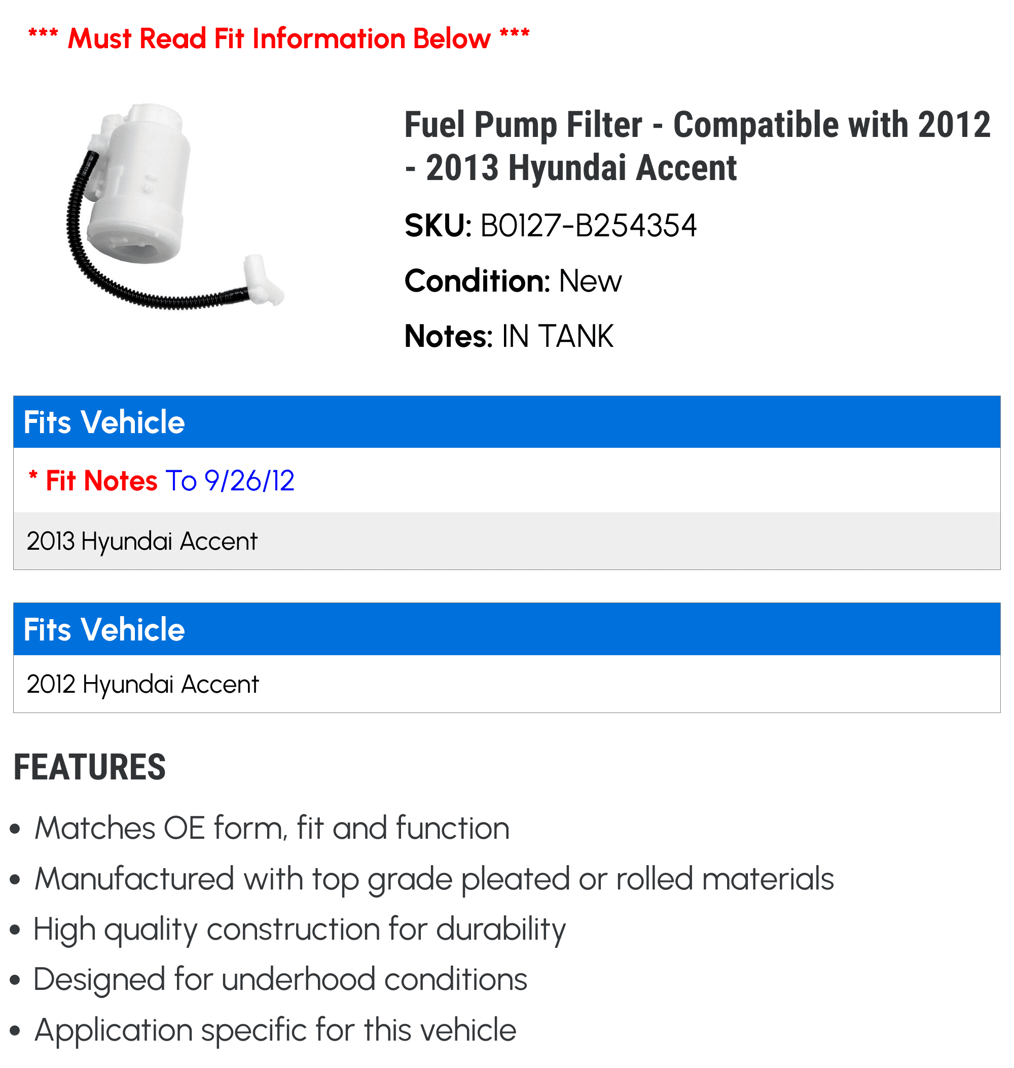 Fuel Pump Filter - Compatible with 2012 - 2013 Hyundai Accent