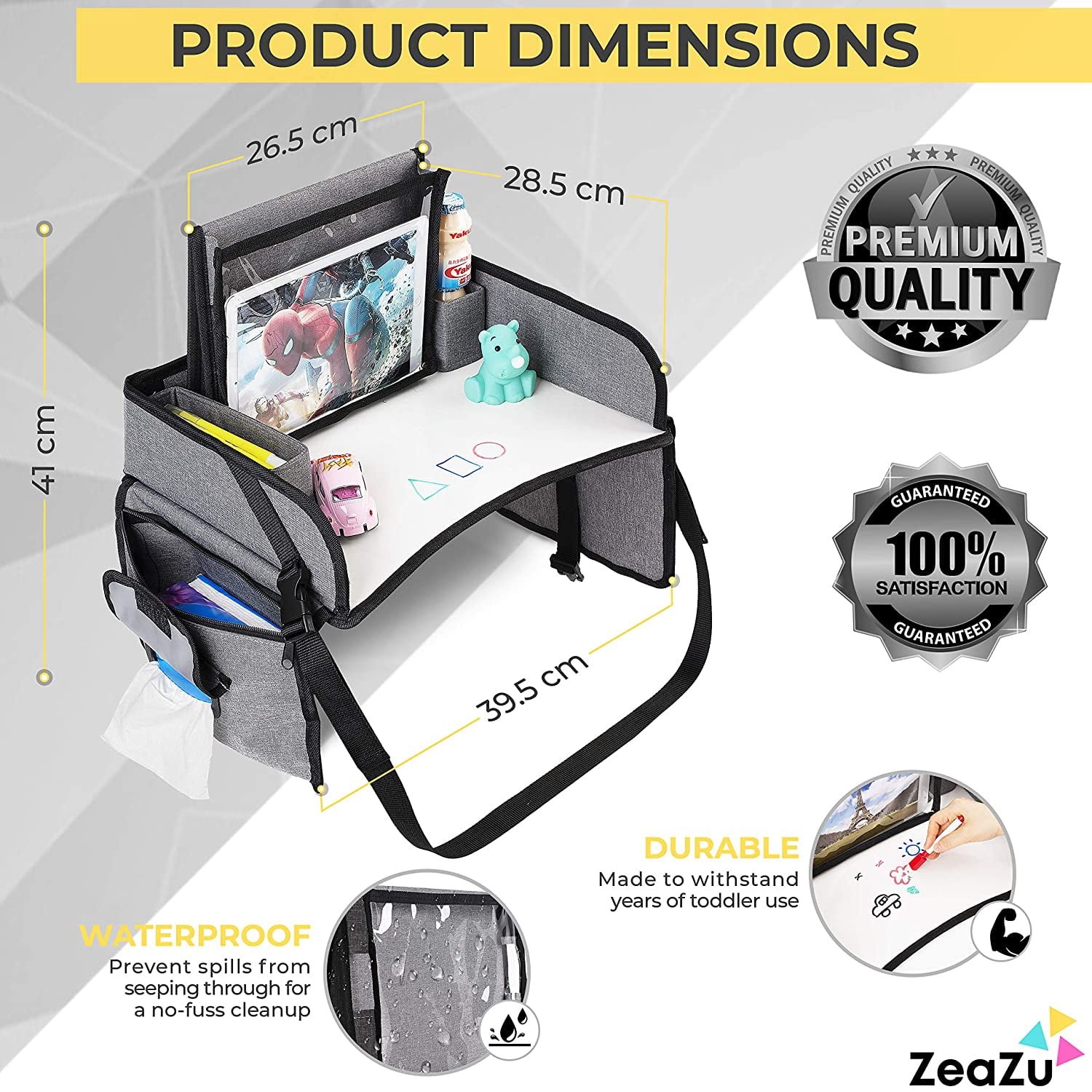 ZeaZu Kids Travel Tray with Bag Foldable Toddler Car Seat Tray 17.5D x 12.5W x 2H inch, Silver