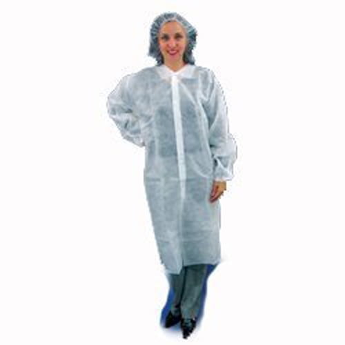 Premier 1 Polypropylene Disposable Frocks, Elastic Wrists, No Pockets, White, MD, 30/case