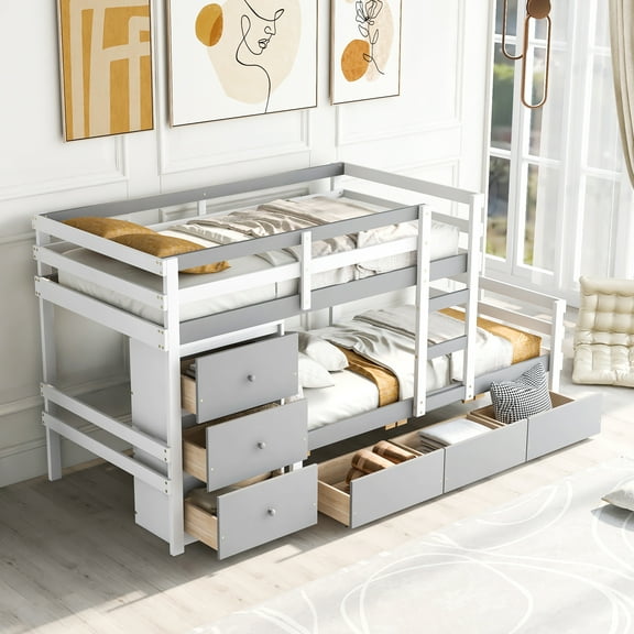 Twin over Twin Loft Bunk Bed with Drawers and Ladder, Gray