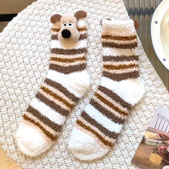 Cozy 3D dog socks Knit Animal Slipper Socks, Cute Plush Animals Hug Sock, Funny Cute Christmas Hand Crocheted Long Stocks White