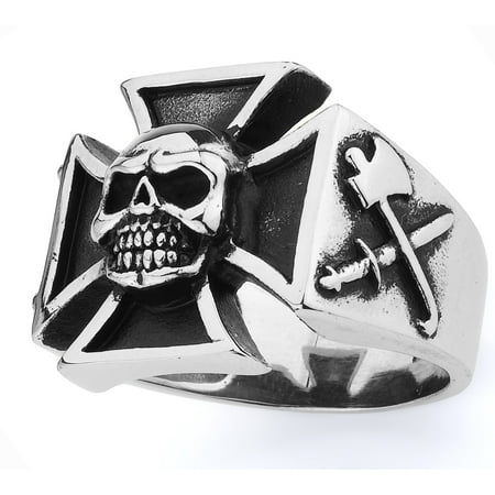 Stainless Steel Iron Cross Ring w/skull on top and Knife and axe on one side and Shield and swords on the other side(Available in Sizes 10 to 14) size (Best Steel For Knives And Swords)