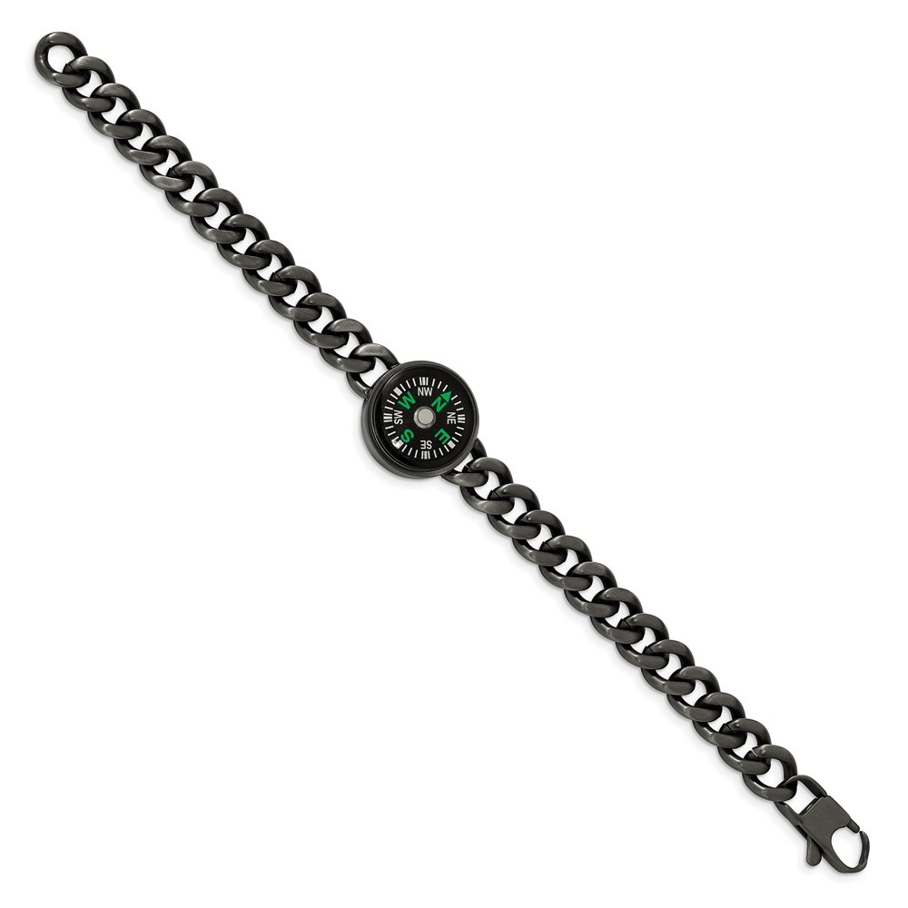 Diamond2Deal Stainless Steel Brushed Gun Metal IP-Plated with Functional Compass Bracelet for Men 8.25"