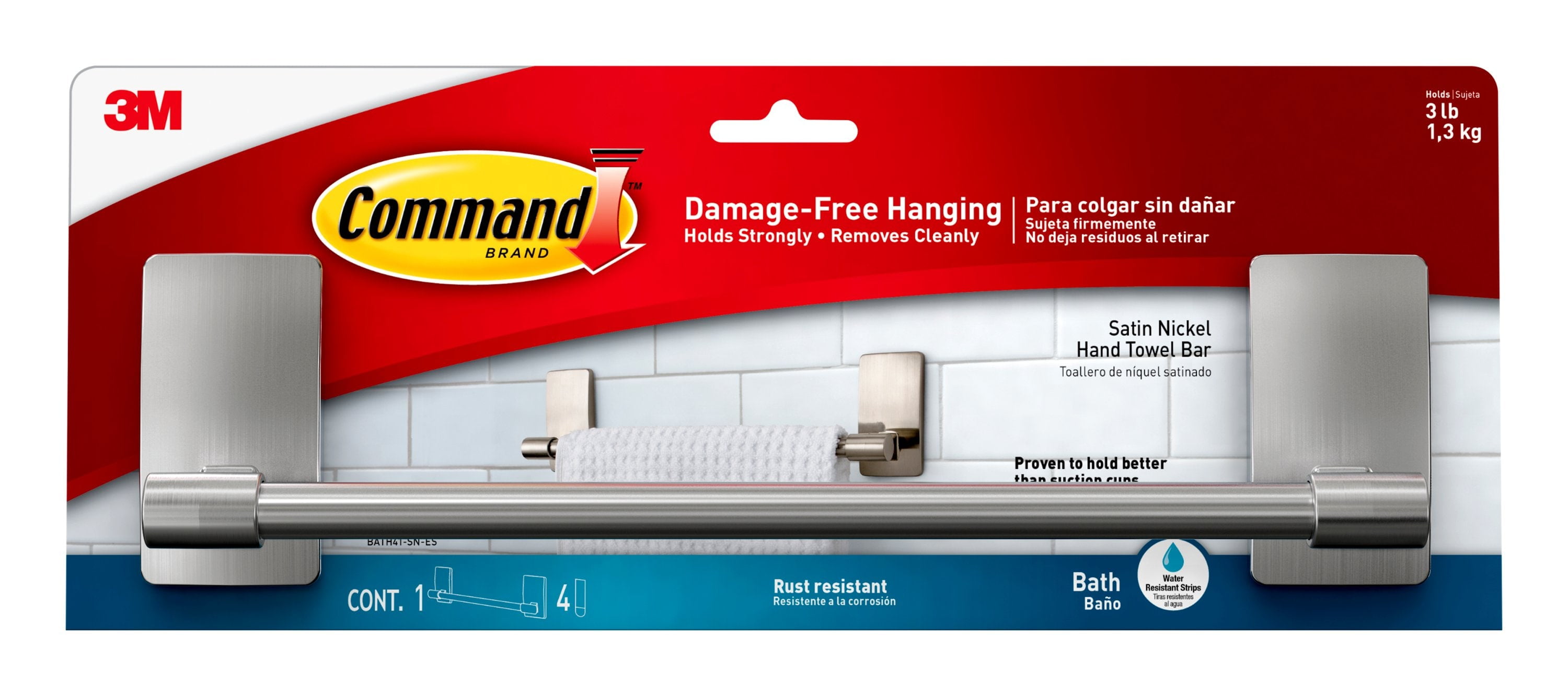 Command Satin Nickel Hand Towel Bar, 1 Towel Bar, 4 Strips, Bathroom