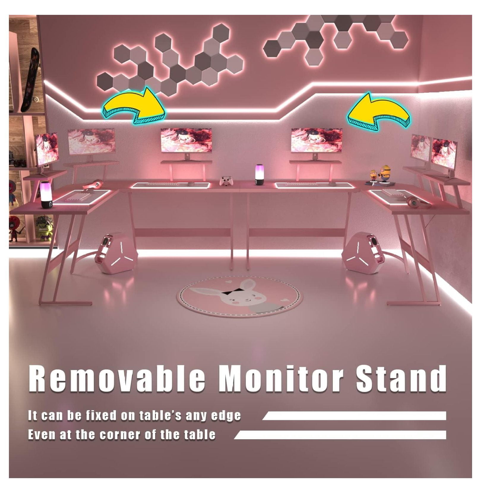 SONGMY Pink L Shaped Gaming Desk Computer Corner PC Desk Table with Large Monitor Stand for Home Office Studying Writing Workstation, Gift for Girls and Women (Pink, 57 Inch)