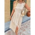 thumbnail image 5 of Women'S Crew Neck Solid Color Sleeveless Button Down Boho Dress Beige XL, 5 of 9