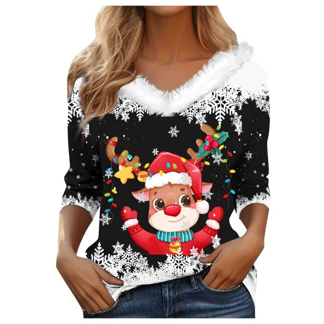 WEAIXIMIUNG T-Shirt à Manches Longues Imprimé de Noël pour Femmes Automne Hiver Mode Décontractée Col en V