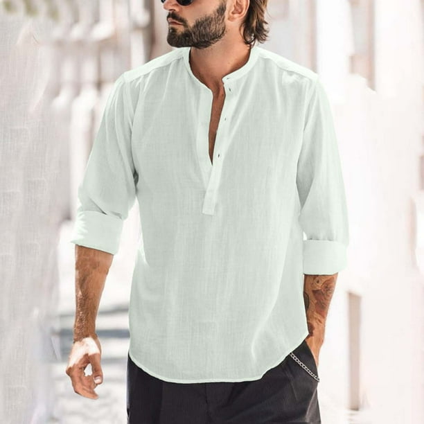 pstuiky Camisas de manga larga de invierno para hombre, Blusa de cuello alto con mangas largas y botones de color liso para hombre Tops de hombre l