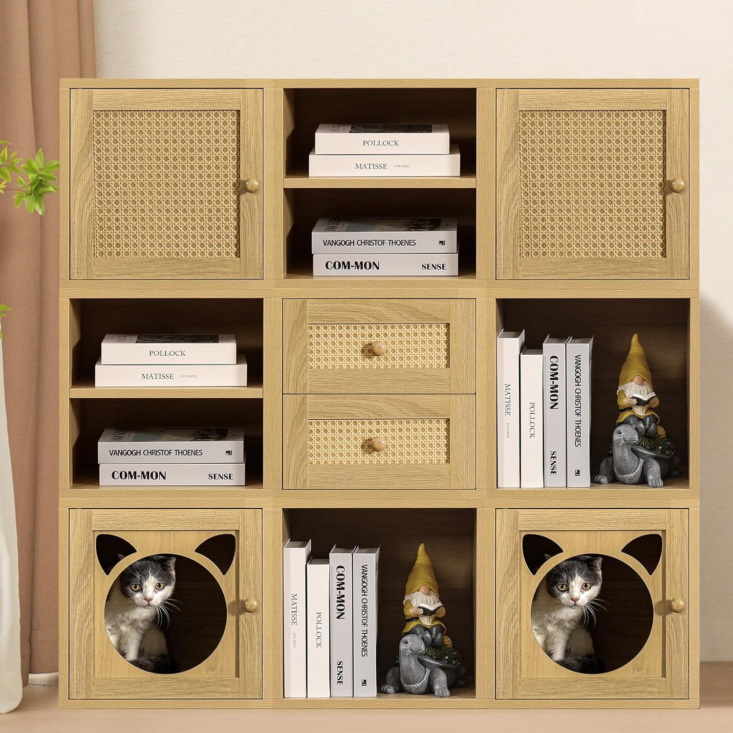Magic DIY Cube Storage Organizer Stackable Cubes for Home Books Clothes Toys -Modular Cubby Storage System -Closet Organizer -Bookcase Closet (Yellow Oak,Rattan Drawer Cube)