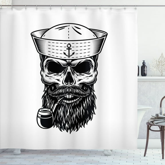 Skull Smoking Shower Curtain, Human Skeleton Head Wearing a Sailor Cap Portrait Illustration, Fabric Bathroom Set with Hooks, 69W X 75L Inches Long, White and Charcoal Grey, by Ambesonne