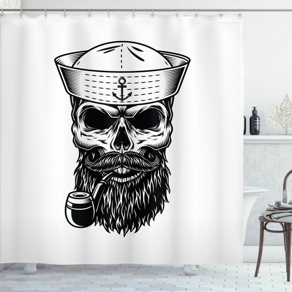 Skull Smoking Shower Curtain, Human Skeleton Head Wearing a Sailor Cap Portrait Illustration, Fabric Bathroom Set with Hooks, 69W X 70L Inches, White and Charcoal Grey, by Ambesonne