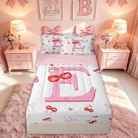 meiyoeat Cute Cherry Letter E Zipper Twin Comforter Sets with Fitted Sheet and 2 Pillowcases for Girls, Bowknot Fruit Zipper Bedding Set for Kids, Pink, Pink Reversible, 4pcs