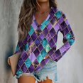 thumbnail image 2 of Mardi Gras Shirts Womens Glitter Feathers Print V Neck Tops Sparkly Long Sleeve Gold Blouse Dark Purple M, 2 of 6