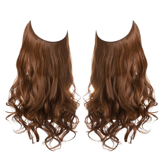 Nvzi Extensión de cabello invisible con hilo de pescar, fibra sintética larga ondulada y rizada, extensión de cabello ajustable estilo diadema, 16 pulgadas, marrón, 1 pieza, estilo H