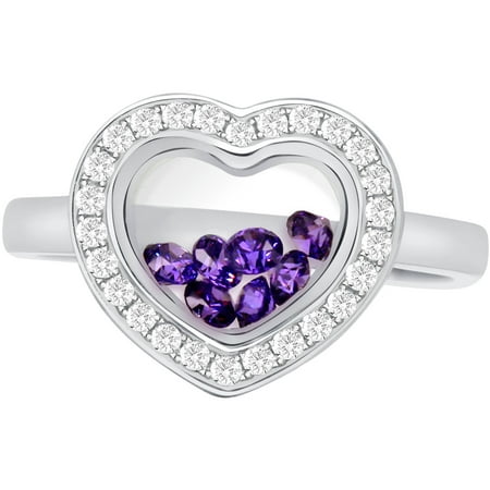 Chetan Collection Floating Violet CZ Sterling Silver Designer Heart-Shape Ring