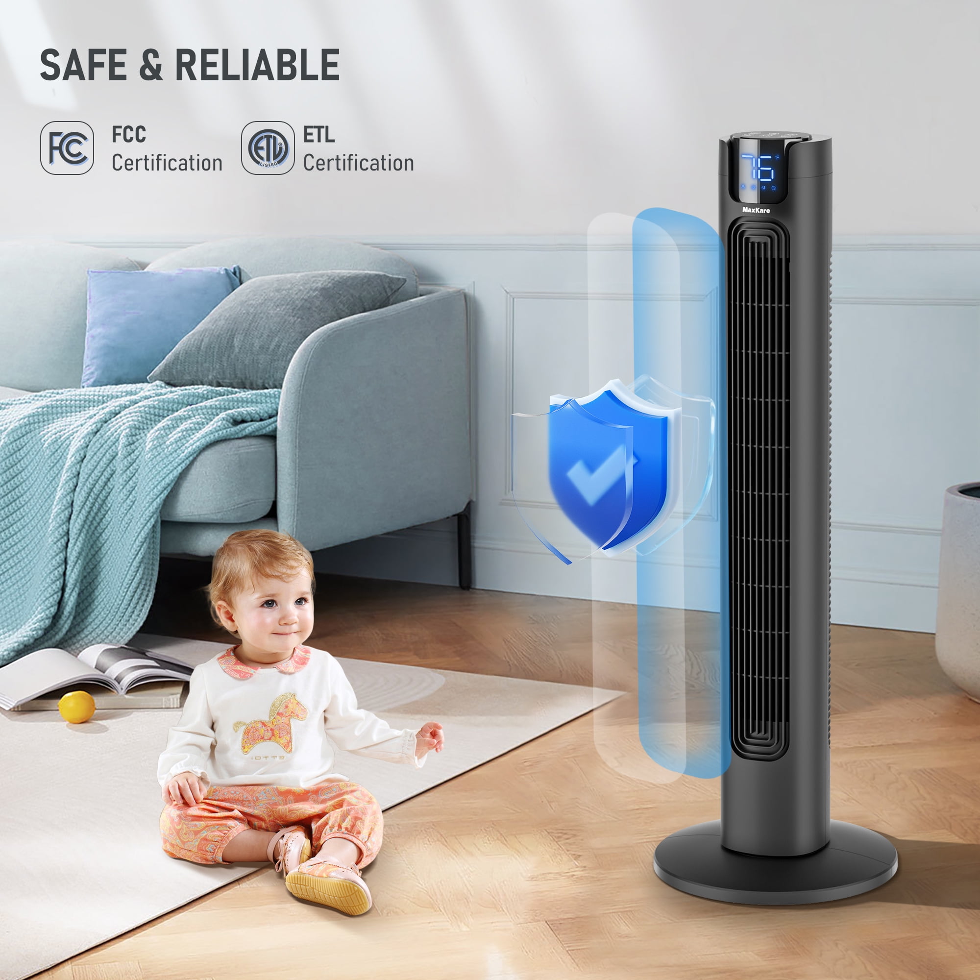 MaxKare 36" Tower Fan with 4 Modes 3 Speeds 24H Timers, 75° Oscillating, LED Display & Remote Controller, 50dB Quiet Fan, Black
