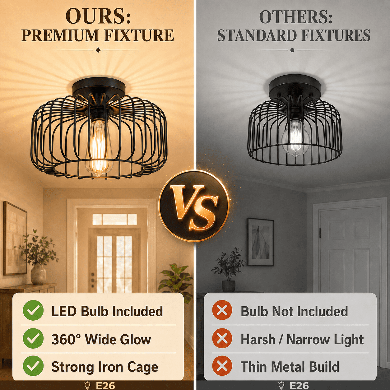 DONGPAI 11.8" Black Cage Mini Chandelier with LED Bulb, Flush Mount Ceiling Light Industrial Kitchen Light Fixtures for Hallway Bedroom Dining Room