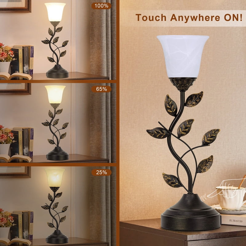 Bedside Lamps Set of 2, 20 Inch Table Lamp for Bedroom Touch Control 3-Way Dimmable Table Lamp for Living Room 2 USB Ports, Torchiere Lamps for Night Stands Metal Leaf Glass Shade, Bulbs Included