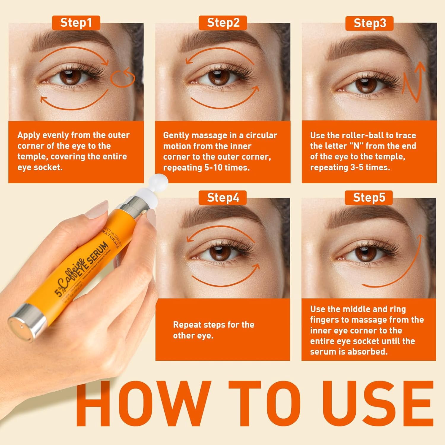 Enaskin Naturals 5% Caffeine Eye Serum, Under Eye Cream with Retinol and Collagen, 1.7 fl oz