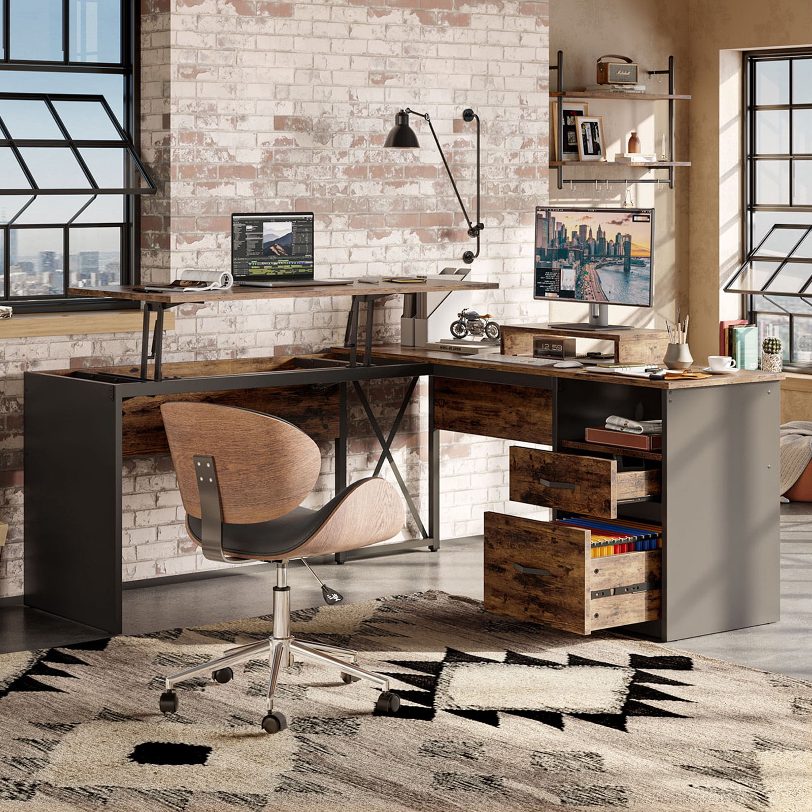Bestier 55 inch L-Shaped Lift Top Desk with Storage, Sit to Stand Computer Desk with Monitor Stand & File Drawer in Rustic Brown