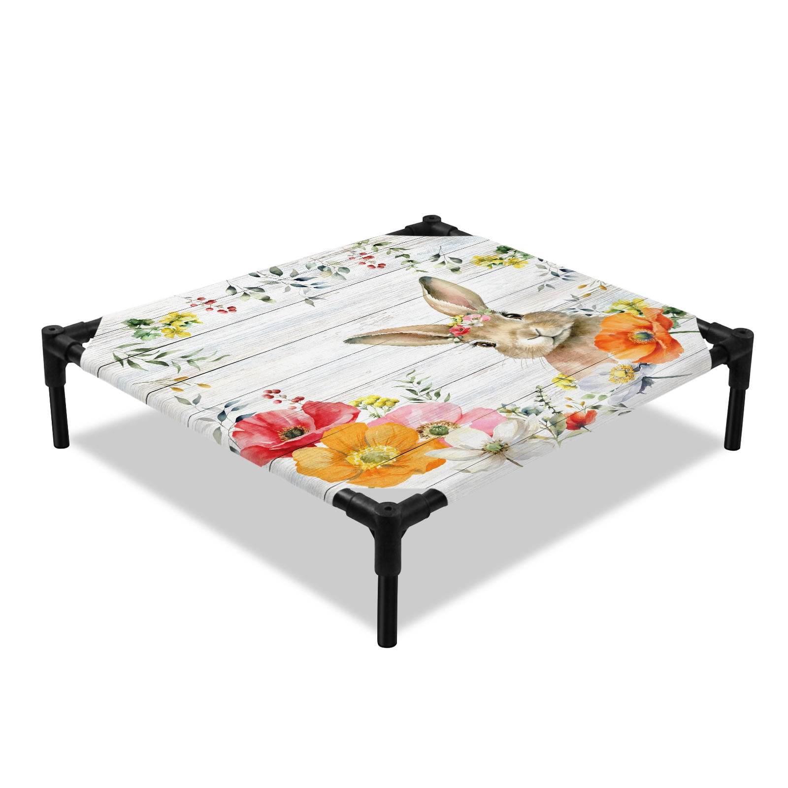 Easter Rabbit Elevated Dog Bed Spring Red Orange Pink Floral Leaf Plant Wood Grain Cooling Breathable Outdoor Raised Dog Cot Bed with Metal Frame Non-Slip Feet for Small Dog 20x20in