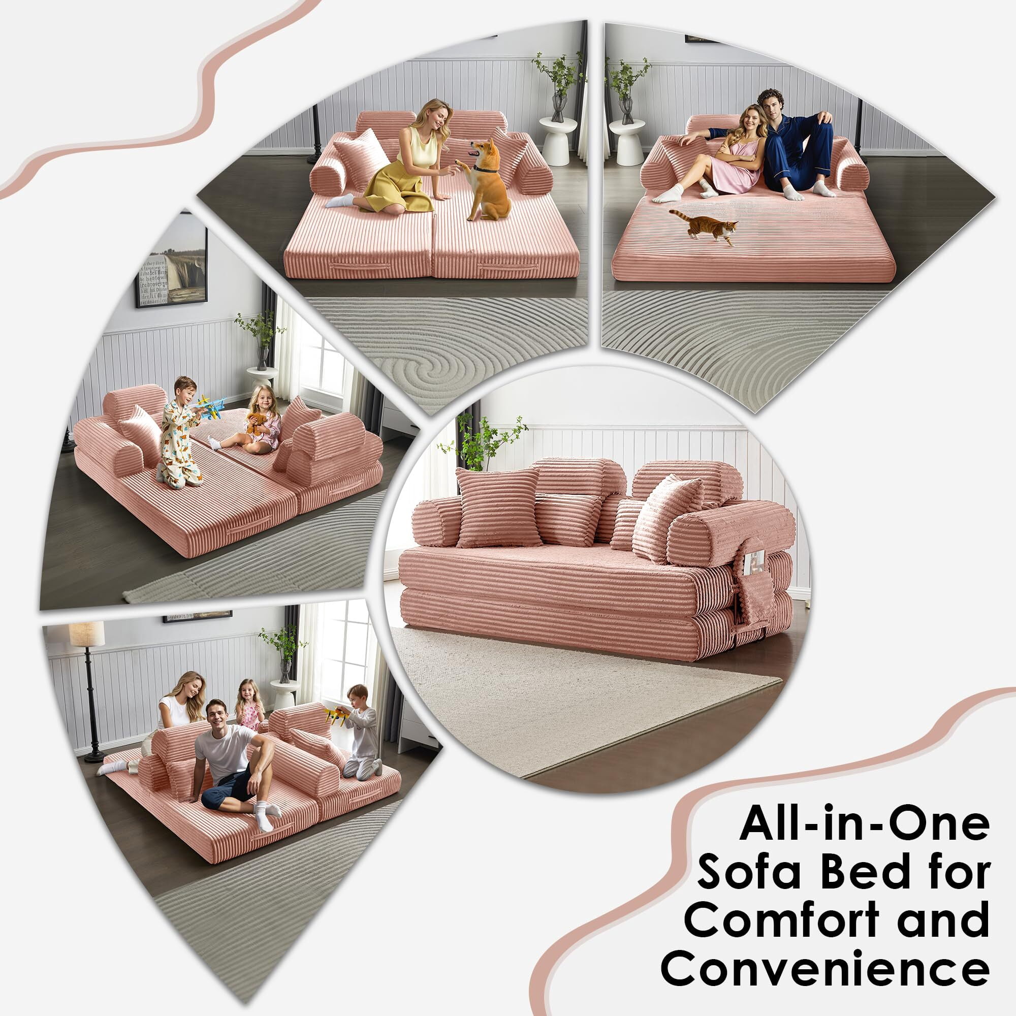 Howcool Convertible Sleeper Sofa Bed, 78.5" Corduroy Foldable Loveseat Sofa, Boneless Memory Foam Couch Bed for Living Room, Queen to King Size Sofa, No Assembly Required, Compression Sofa,Pink