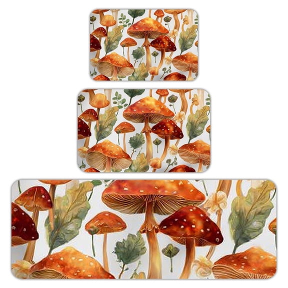 RKSupls Kitchen Rug Set 3 Piece Anti-Slip Flannel Floor Mats, Mushrooms Leaves Washable Absorbent Runner Mats for Kitchen Bathroom Home Decor