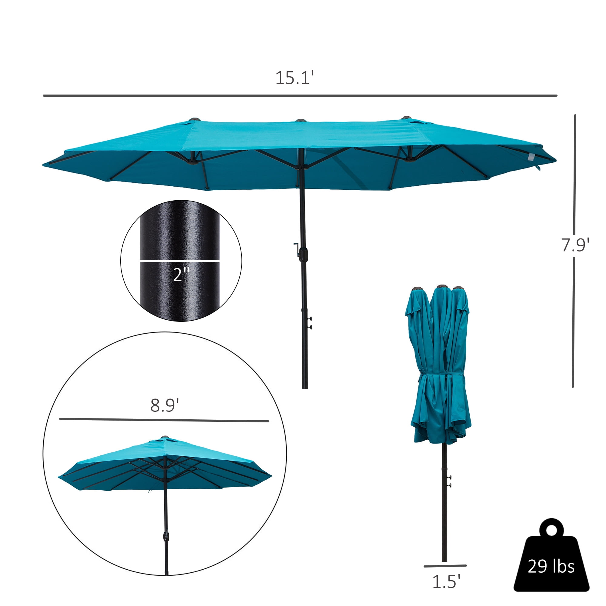 Outsunny Extra Large 15ft Patio Umbrella, Blue