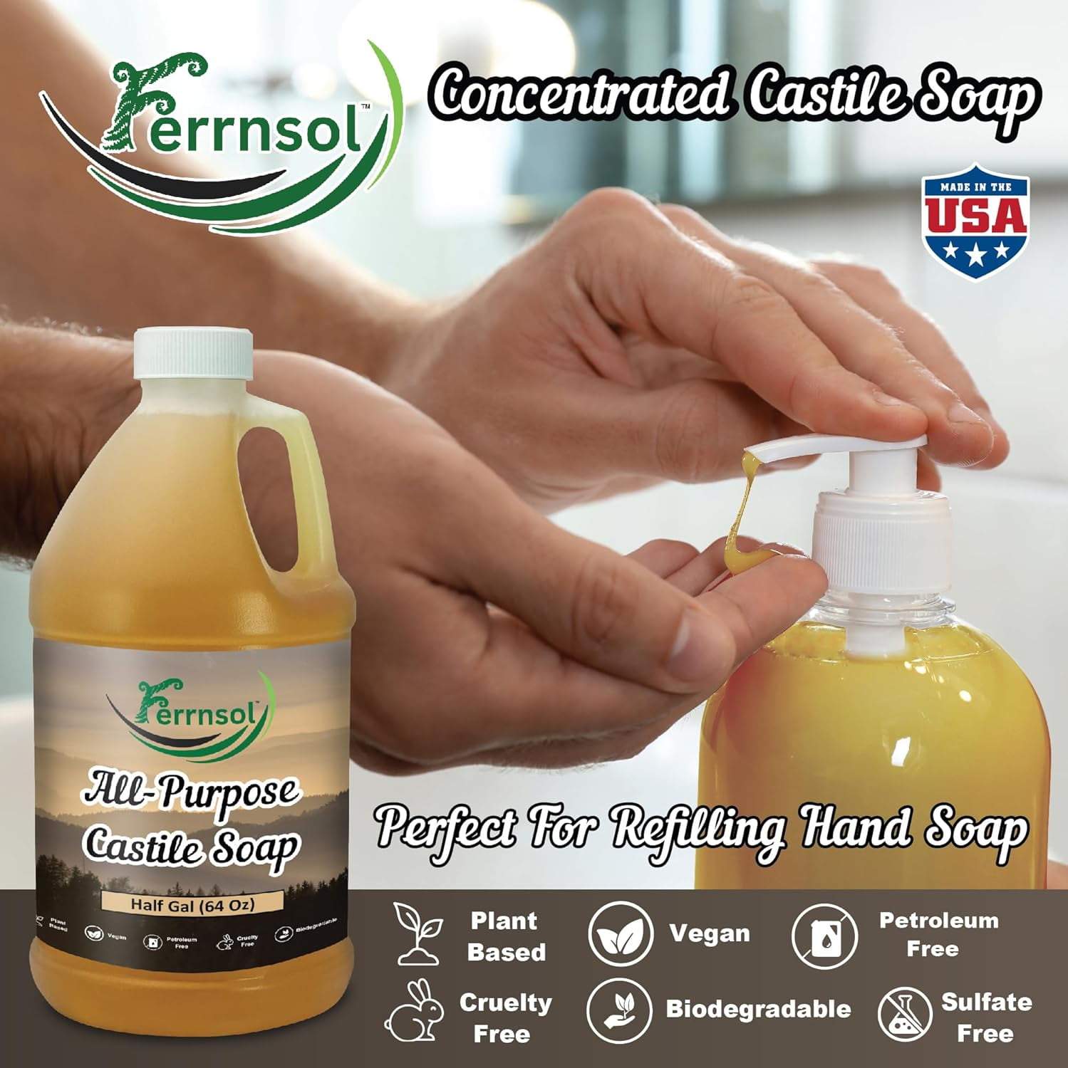 Ferrnsol Liquid All Purpose Castile Soap, Unscented Refill, 0.5 Gallon