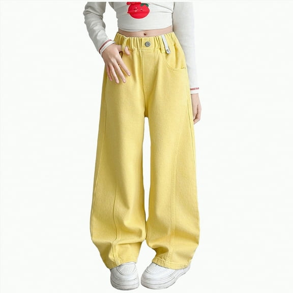 Ccpelsie Girls Wide Leg Jeans Baggy Elastic High Waist Denim Pants Vintage Y2k Streetwear Teen Clothes(Yellow,5-6 Years)