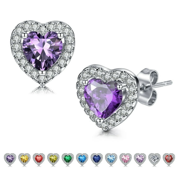 Briana Williams Heart-Shaped Stud Earrings February-Amethyst, Birthday Stone, Sterling Silver