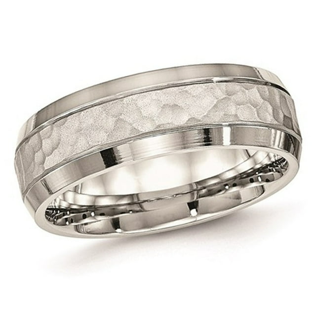 Mens Hammered Stainless Steel 7.5mm Wedding Band Ring with Polished Edge