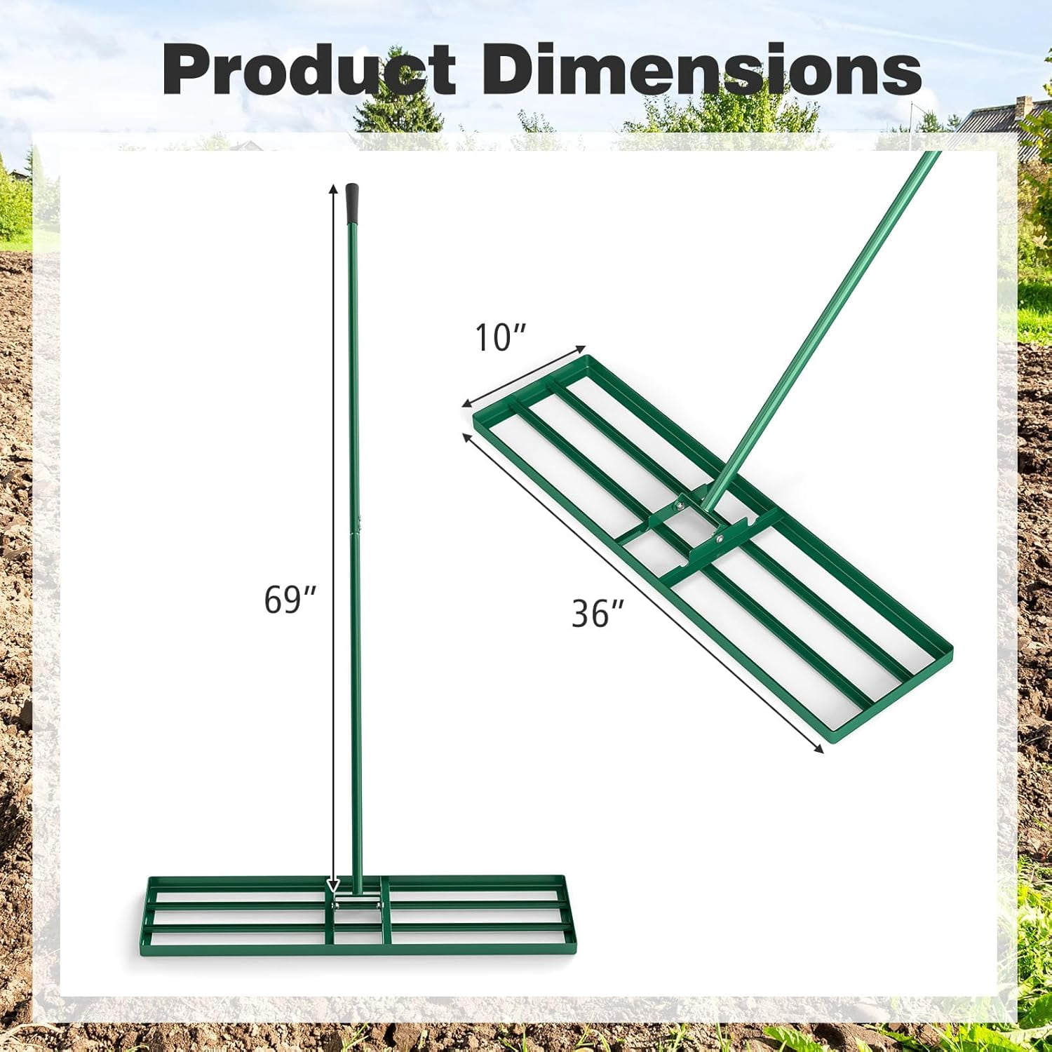 Lawn Leveling Rake, Heavy-Duty Iron Yard Leveler with 36"x9.8" Blade, 75" Adjustable Handle, Effort-Saving Lawn Tool for Backyard, Garden, Golf Course, Soil Smoothing, Topsoil & Fertilizer