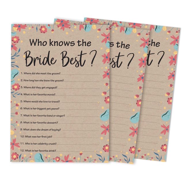 Inkdotpot How Well Do You Know The Bride Bridal Shower Bachelorette PartyGameActivityCards 50-PackRustic Kraft FloralWho Know The Bride Best