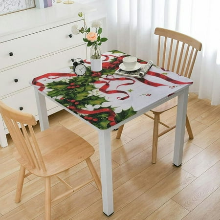 HAOXIT Holiday Holly Collection Classic Holly Berry with Ribbon Printed Tablecloth – Multicolor Table Cover for Christmas Dinner Family Gathering Special Events and Home Décor 36*36