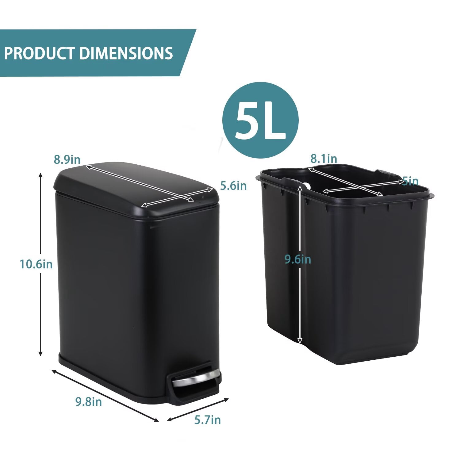 YRLLENSDAN,Stainless Steel Kitchen Trash Cans,Small Trash Can with Lid,Bathroom Trash Cans,Removable Bucket,with Foot Pedal,1.3 Gallon,Black,2 Pack