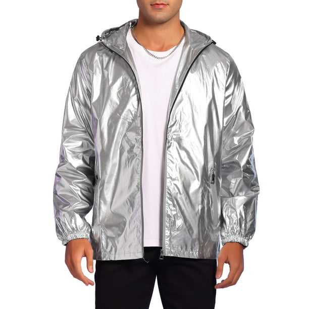 Chaqueta metálica INSPIRE CHIC para hombre, abrigo con capucha y cremallera brillante, plata L