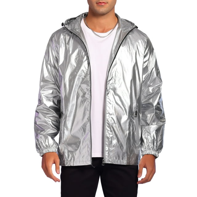 INSPIRE CHIC Metallic Jacket for Men's Sparkle Zipper Hooded Windbreaker Silver S