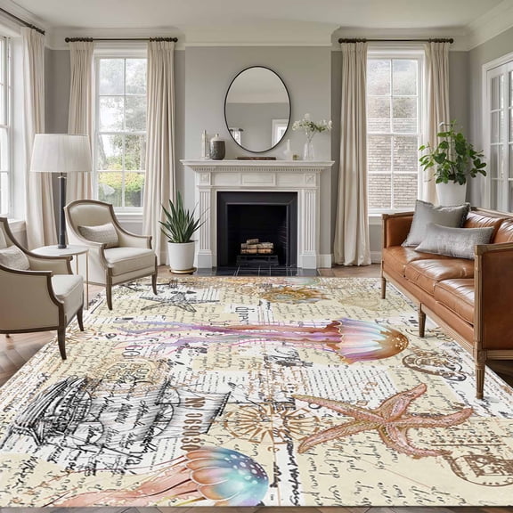 8'x10' Area Rugs, Coastal Jellyfish Indoor Outdoor Area Rug for Living Room Bedroom, Vintage Nautical Summer Beach Starfish Washable Bathroom Rugs Kitchen Floor Carpet Mats Home Decor Aesthetic