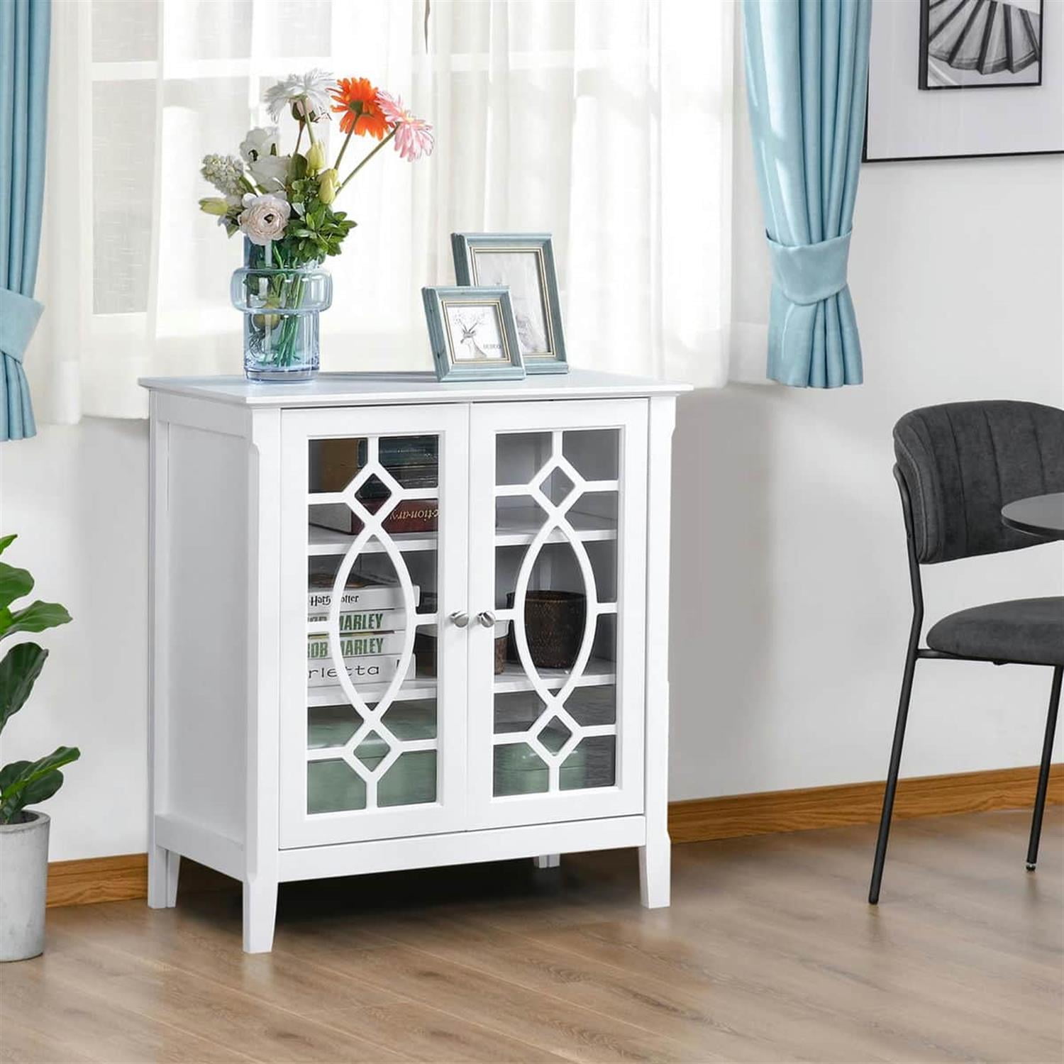 Demi Bonn 31" Sideboard with Double Glass Doors, 2 Shelves, Elevated Base, Modern Display Cabinet for Living Room, White