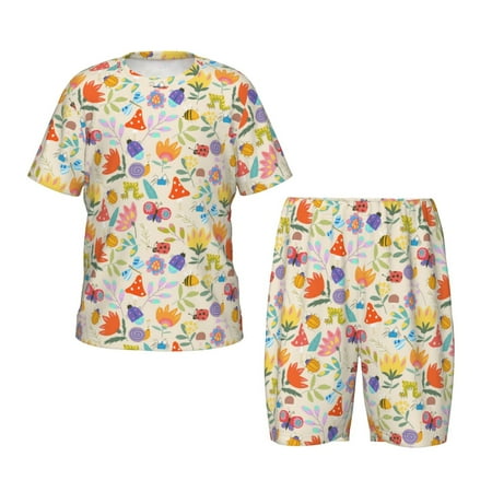 Luyuia Insects In Plants Print Girls  2-Piece Tie-Dye Pajama Set  Cute Summer Loungewear with Shirt and Tank Shorts Nightwear-Large