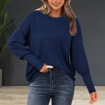 thumbnail image 2 of AOMPMSDX Casual Women 2024 Fall Sweater Long Sleeve Ribbed Knit Pullover Loose Crewneck Batwing Split Sweater Comfy Trendy Winter Tops Outerwear Coats XXXL Navy, 2 of 5