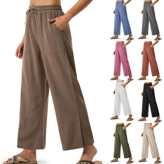 QATAINLAV Camisas Para Hombres! Wide Leg Pants for Women Side Slits Casual Summer Linen Lounge Trousers Loose Fit High Waisted Beach Pants Blue L