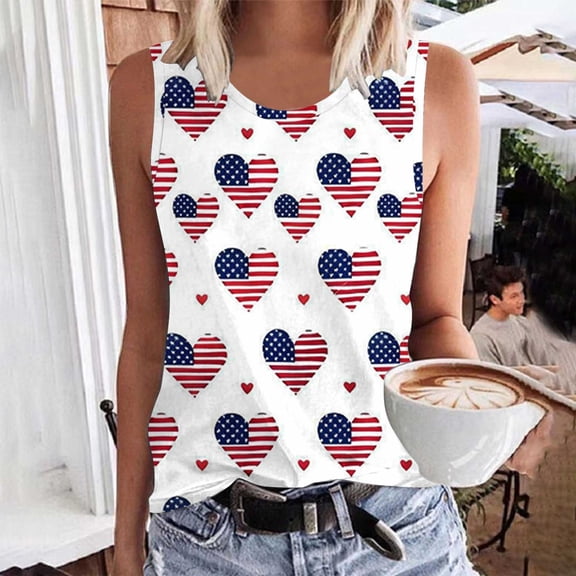 Fartey American Flag Tank Tops for Women Plus Size 4th of July Sleeveless Shirts Cute Heart Stars Stripes Graphic Tees Independence Day Crew Neck Patriotic Tanks Red L