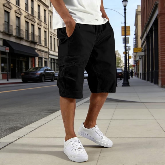 YueHuiYing Man Solid-Color Loose Casual Multi-Pocket Large-Pocket Drawstring Workwear Shorts Capris Pants